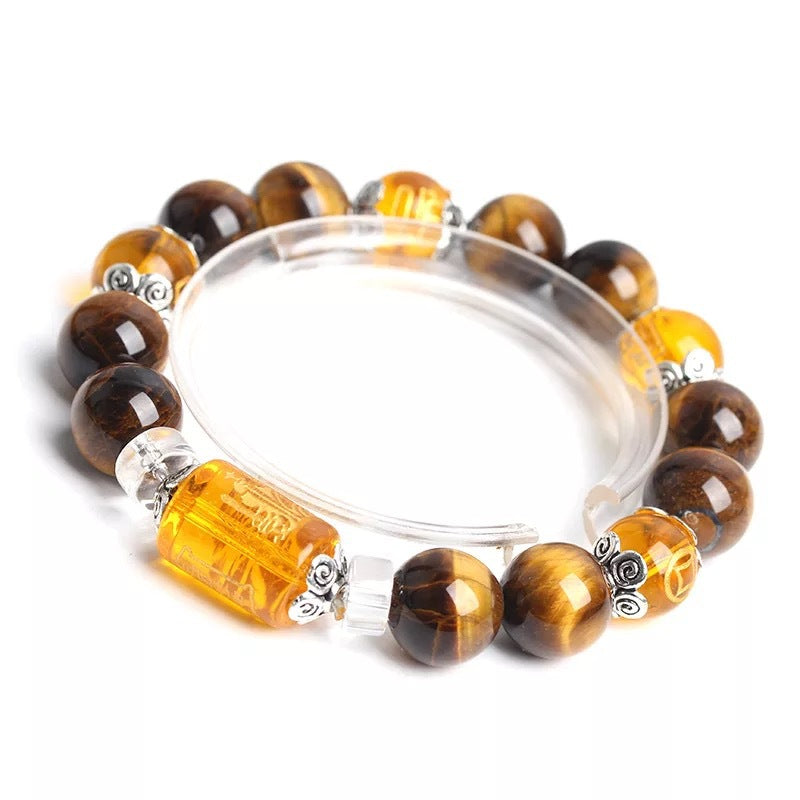 Tiger Eye Stone Three-sided God of Wealth Beaded Bracelet