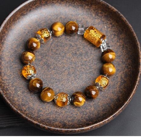 Tiger Eye Stone Three-sided God of Wealth Beaded Bracelet