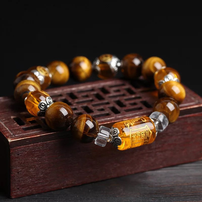 Tiger Eye Stone Three-sided God of Wealth Beaded Bracelet