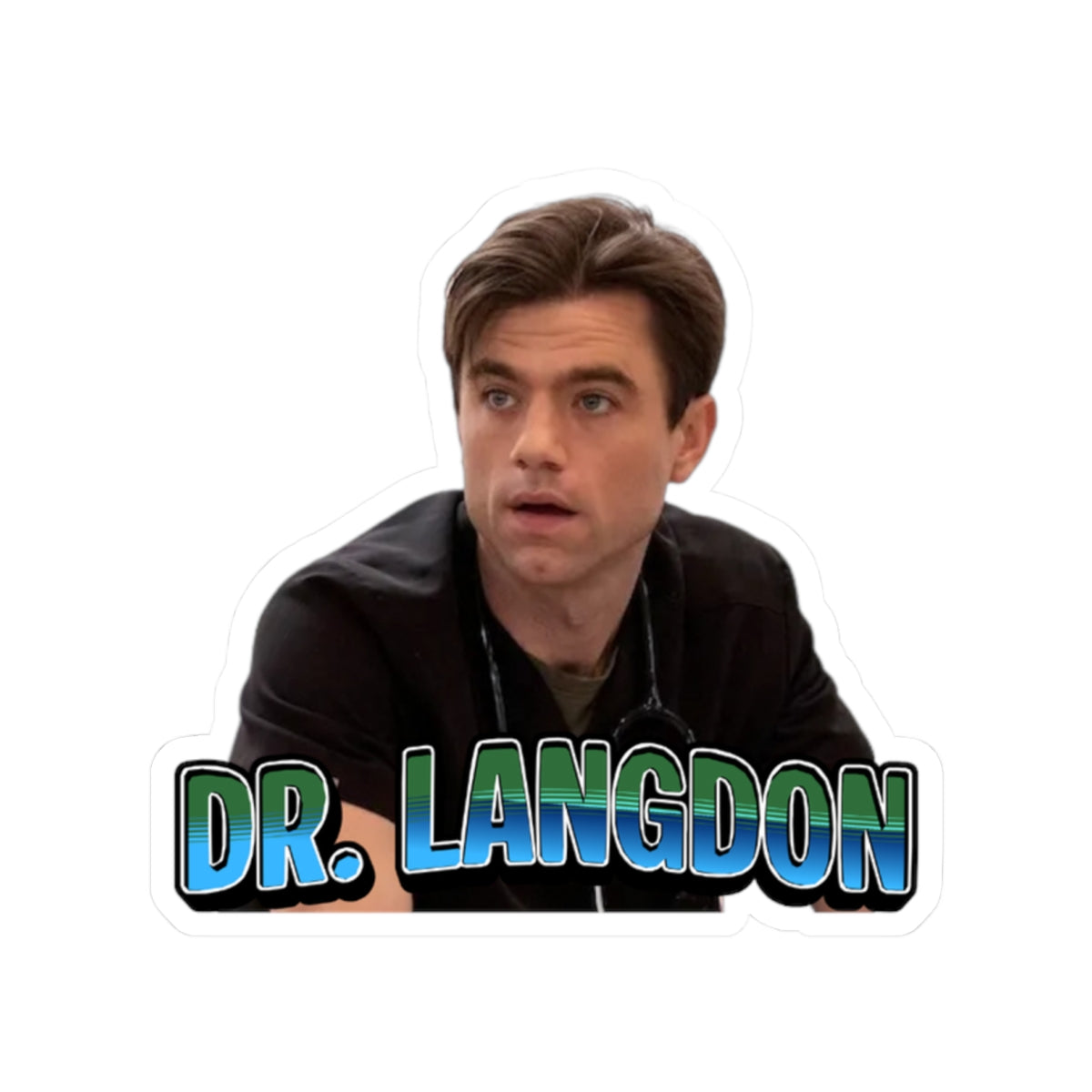 Person wearing a black hoodie with 'DR. LANGDON' text on a white background